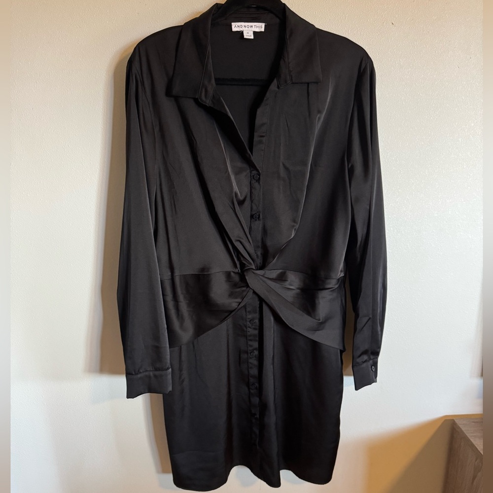 Black Satin Shirt Dress